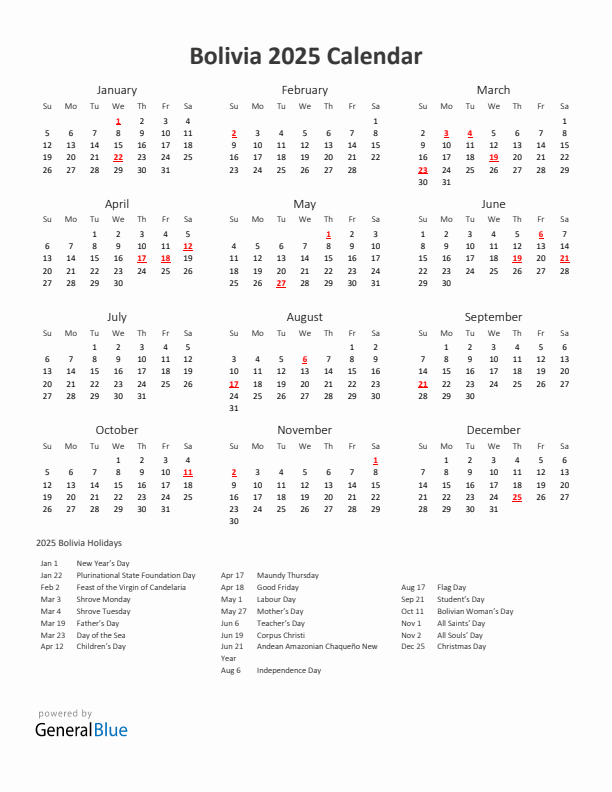 2025 Yearly Calendar Printable With Bolivia Holidays