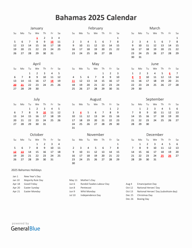 2025 Yearly Calendar Printable With Bahamas Holidays