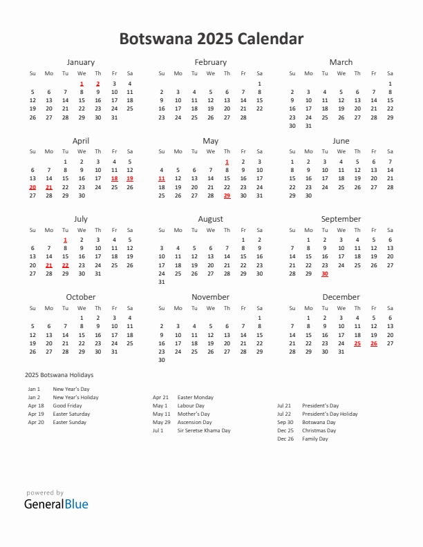 2025 Yearly Calendar Printable With Botswana Holidays