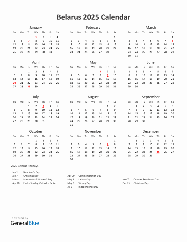 2025 Yearly Calendar Printable With Belarus Holidays