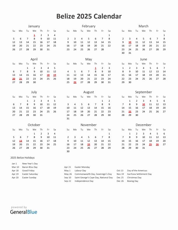 2025 Yearly Calendar Printable With Belize Holidays