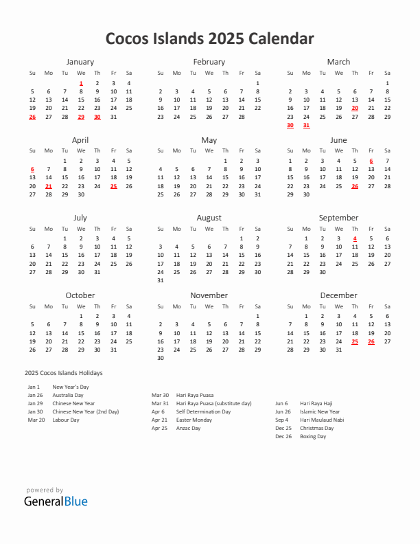 2025 Yearly Calendar Printable With Cocos Islands Holidays