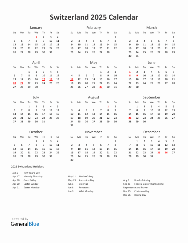 2025 Yearly Calendar Printable With Switzerland Holidays