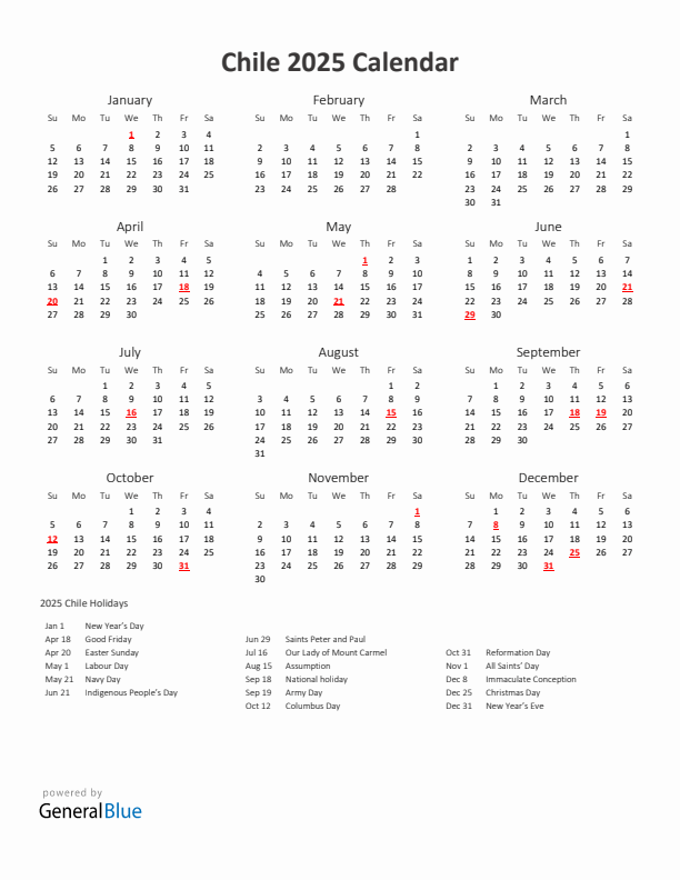 2025 Yearly Calendar Printable With Chile Holidays