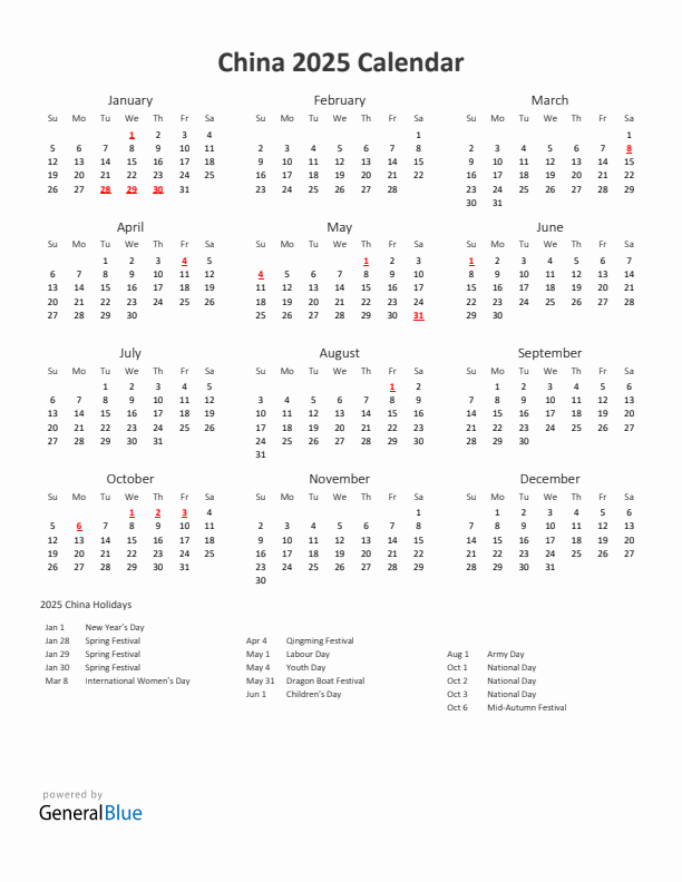 2025 Yearly Calendar Printable With China Holidays