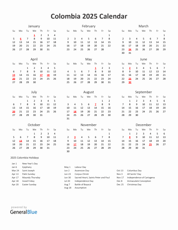 2025 Colombia Calendar with Holidays