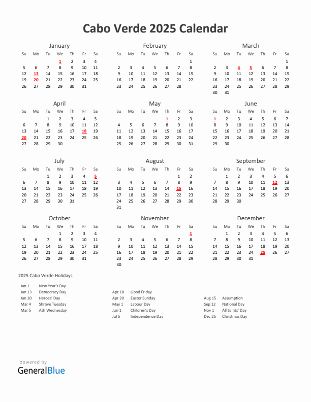 2025 Yearly Calendar Printable With Cabo Verde Holidays