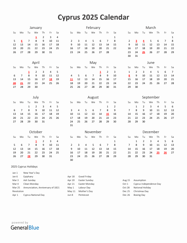 2025 Yearly Calendar Printable With Cyprus Holidays