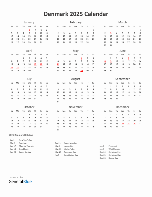 2025 Yearly Calendar Printable With Denmark Holidays