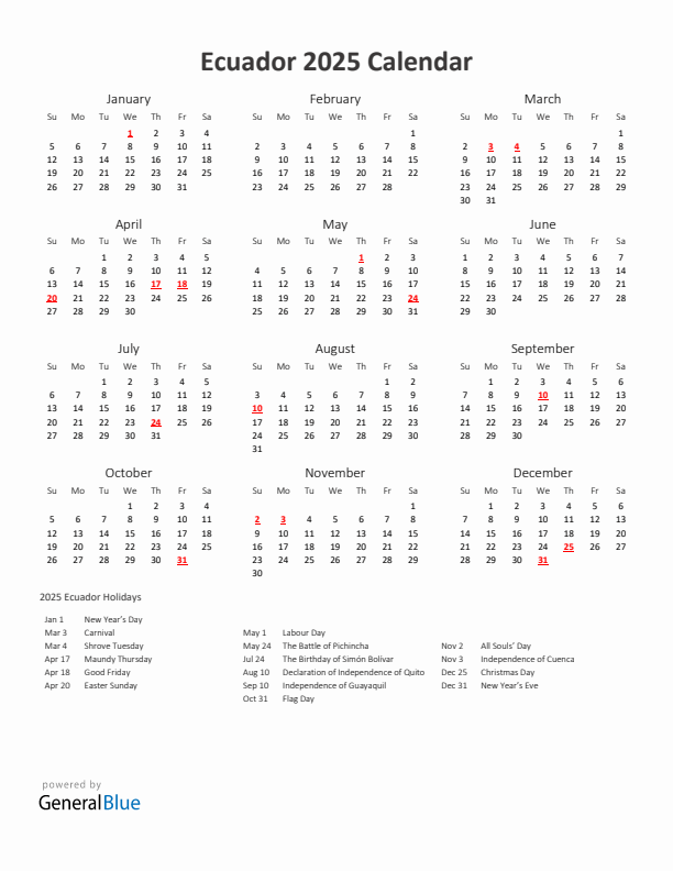 2025 Yearly Calendar Printable With Ecuador Holidays