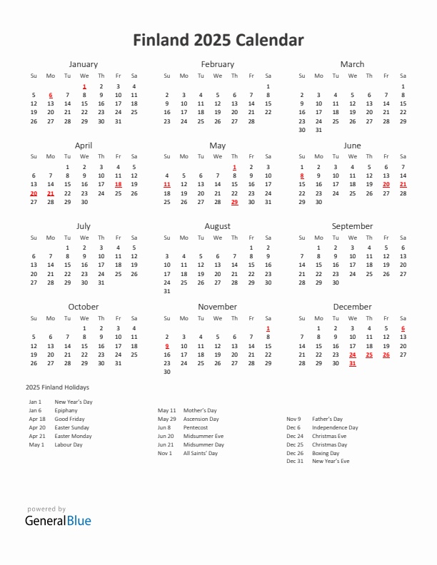 2025 Yearly Calendar Printable With Finland Holidays