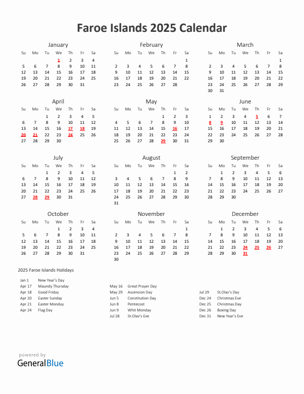 2025 Yearly Calendar Printable With Faroe Islands Holidays