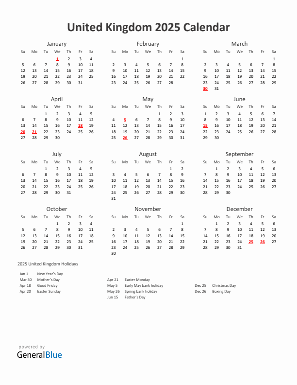 2025 Yearly Calendar Printable With United Kingdom Holidays