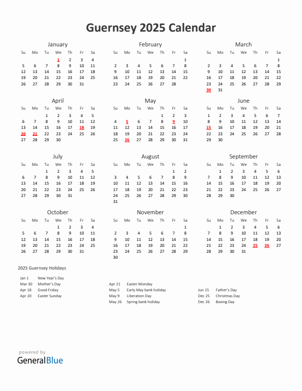 2025 Yearly Calendar Printable With Guernsey Holidays