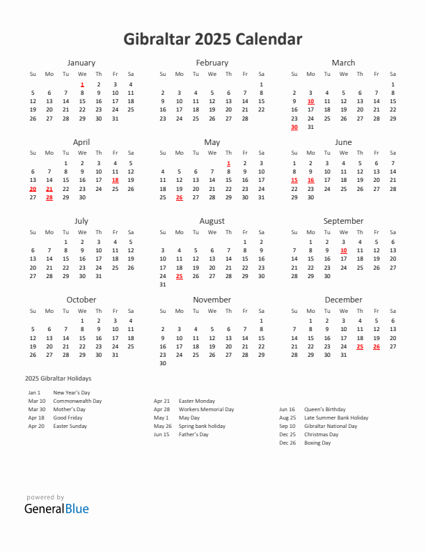 2025 Yearly Calendar Printable With Gibraltar Holidays