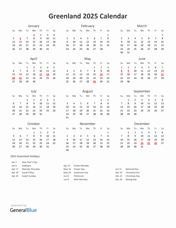 2025 Yearly Calendar Printable With Greenland Holidays