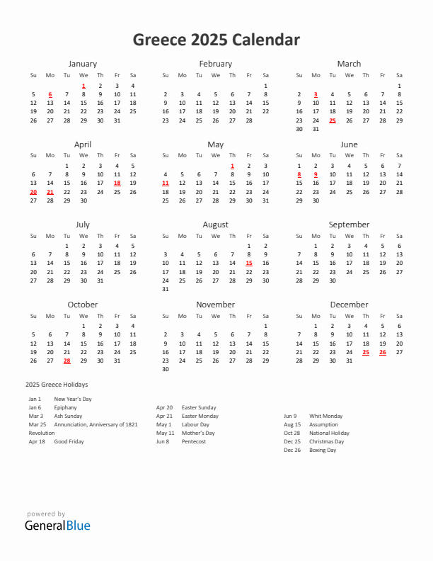 2025 Yearly Calendar Printable With Greece Holidays