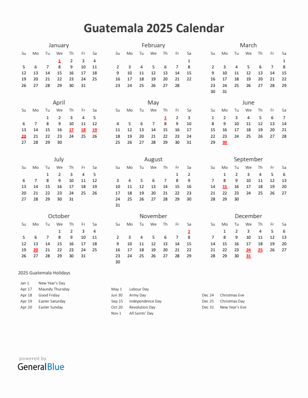 2025 Yearly Calendar Printable With Guatemala Holidays