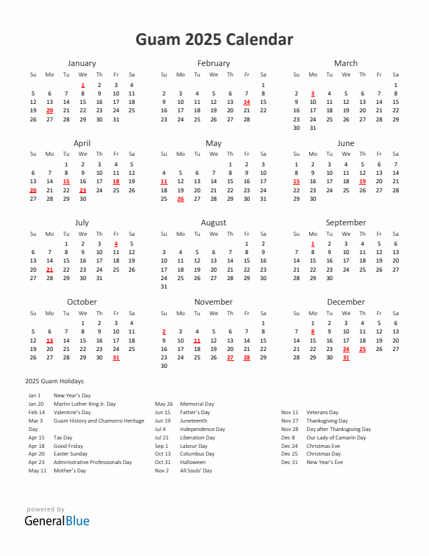 2025 Yearly Calendar Printable With Guam Holidays