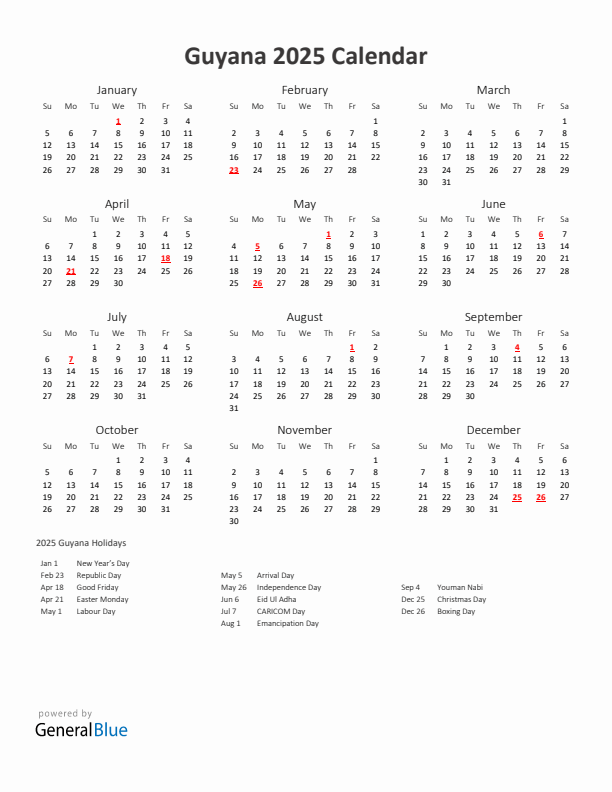 2025 Yearly Calendar Printable With Guyana Holidays