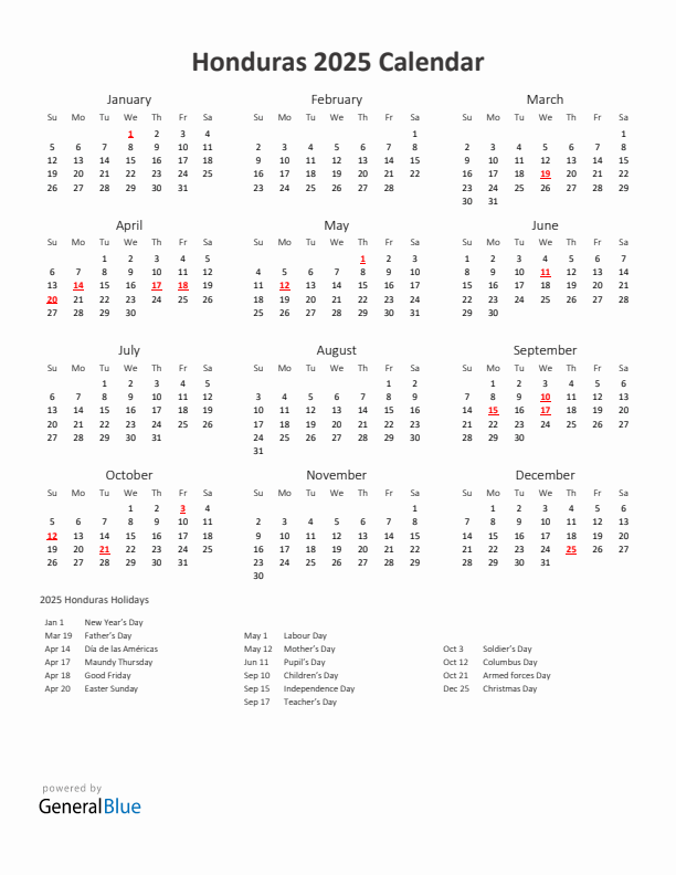 2025 Yearly Calendar Printable With Honduras Holidays