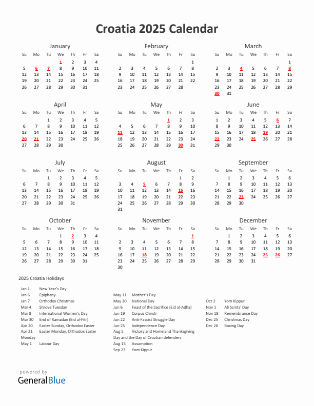 2025 Yearly Calendar Printable With Croatia Holidays