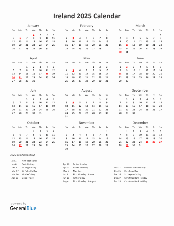 2025 Yearly Calendar Printable With Ireland Holidays