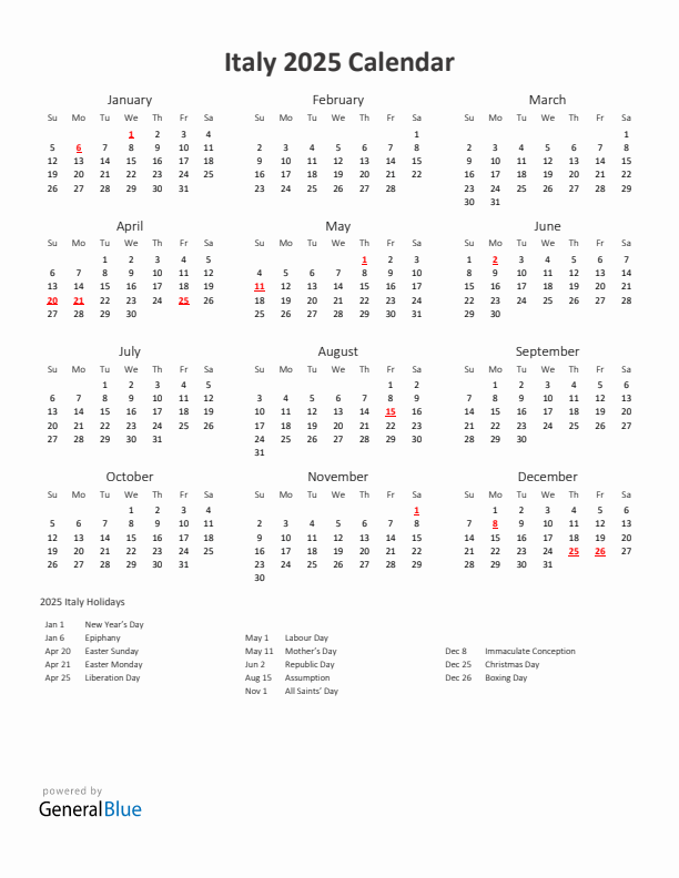 2025 Yearly Calendar Printable With Italy Holidays