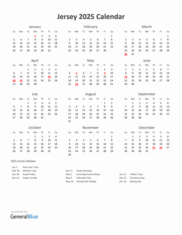 2025 Yearly Calendar Printable With Jersey Holidays