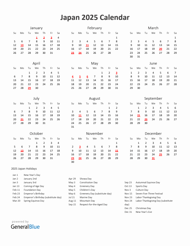 2025 Yearly Calendar Printable With Japan Holidays