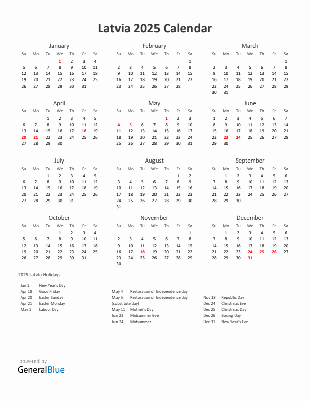 2025 Yearly Calendar Printable With Latvia Holidays