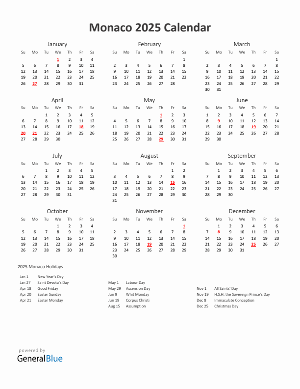 2025 Yearly Calendar Printable With Monaco Holidays