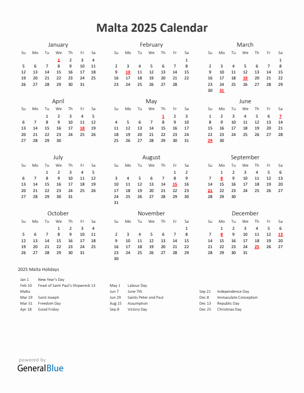 2025 Yearly Calendar Printable With Malta Holidays