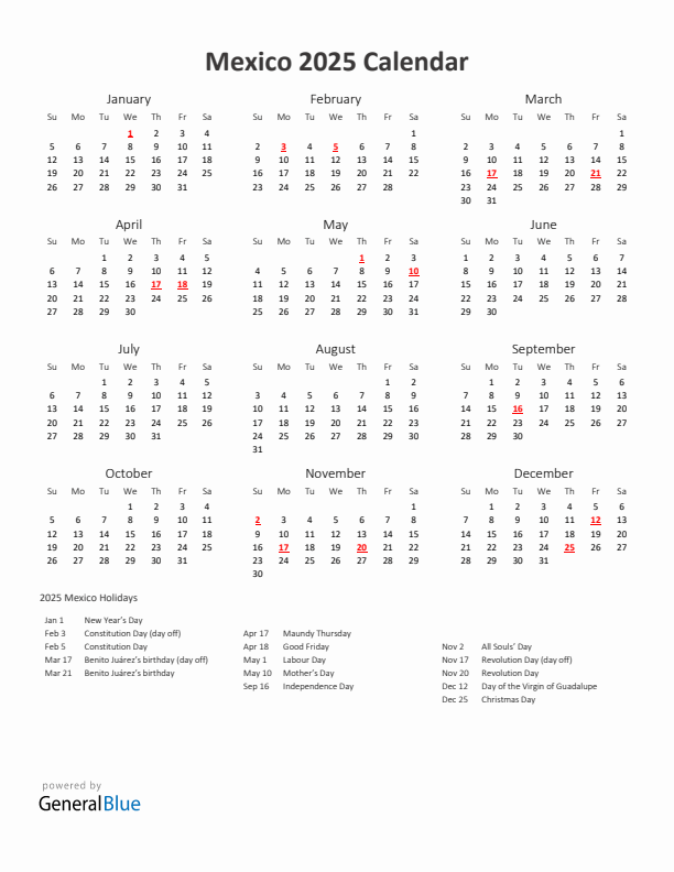 2025 Yearly Calendar Printable With Mexico Holidays