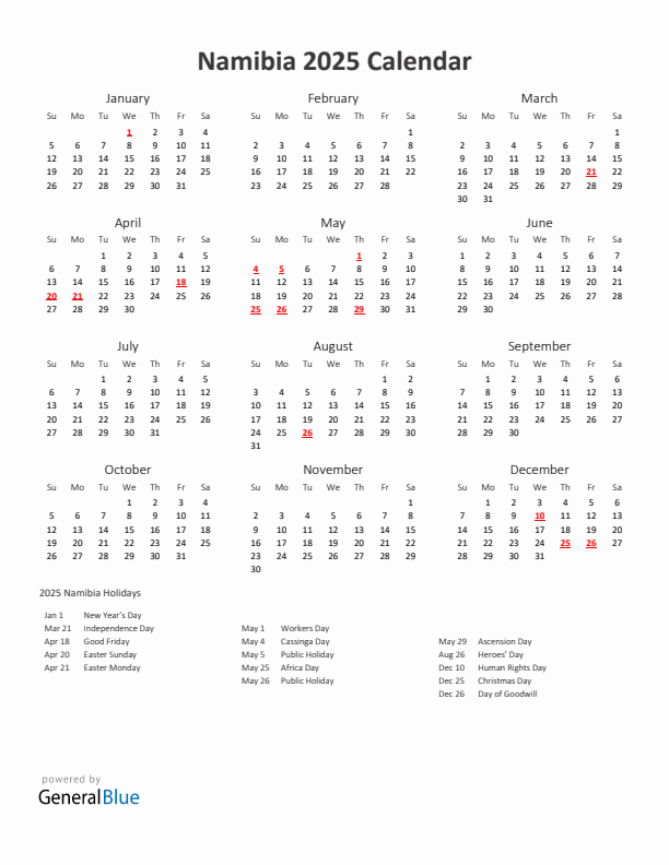 2025 Yearly Calendar Printable With Namibia Holidays