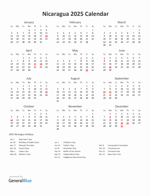 2025 Yearly Calendar Printable With Nicaragua Holidays