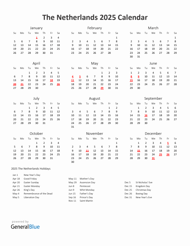 2025 Yearly Calendar Printable With The Netherlands Holidays