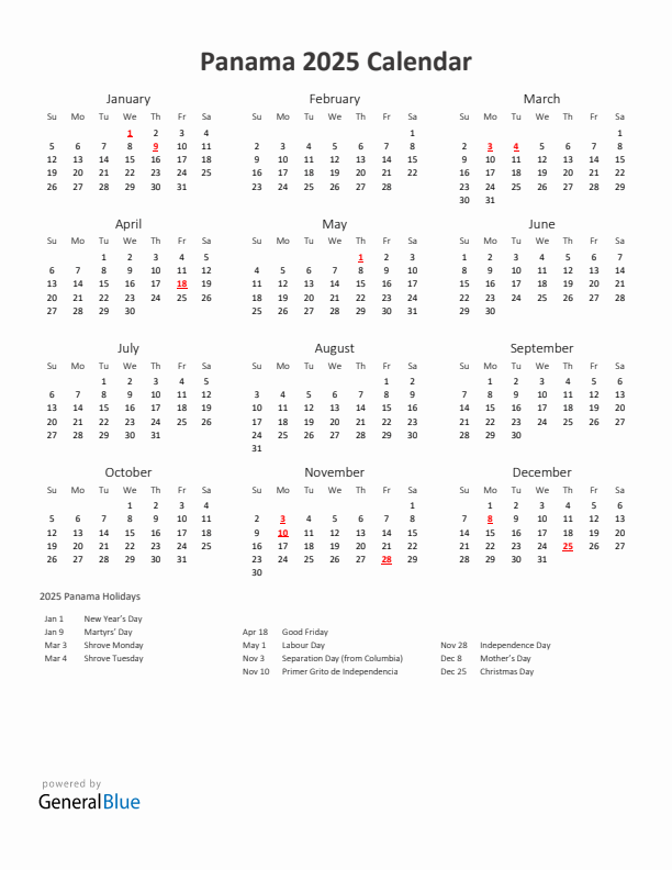 2025 Yearly Calendar Printable With Panama Holidays