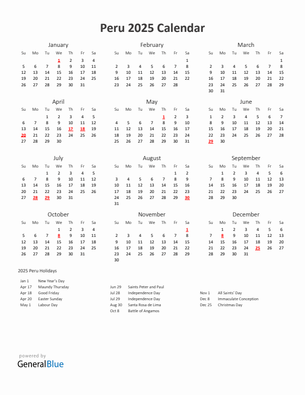 2025 Yearly Calendar Printable With Peru Holidays