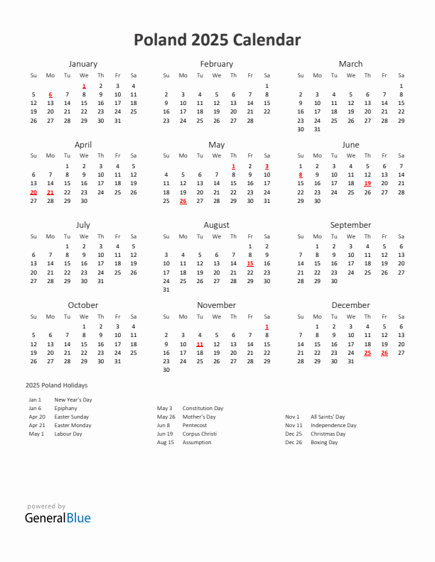 2025 Yearly Calendar Printable With Poland Holidays