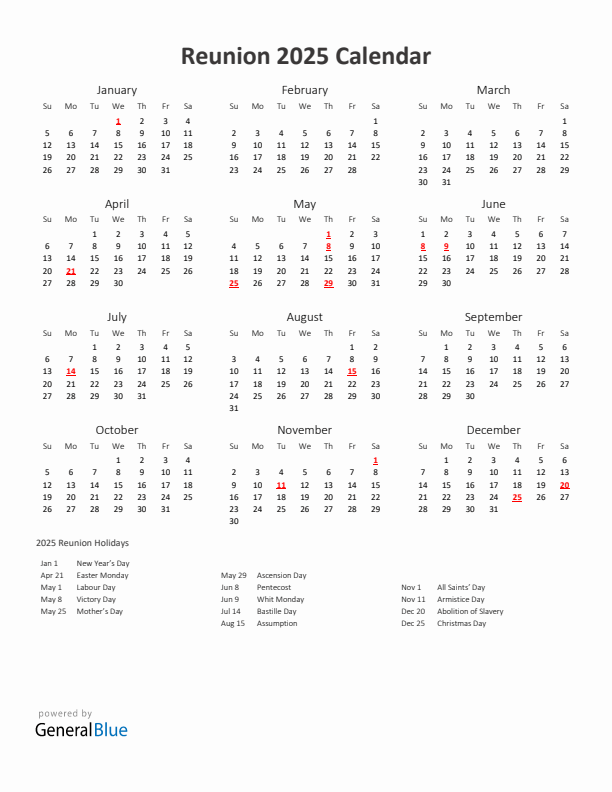 2025 Yearly Calendar Printable With Reunion Holidays