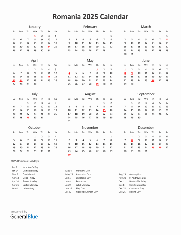 2025 Romania Calendar with Holidays