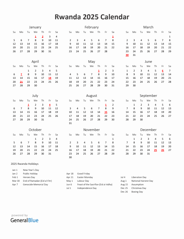 2025 Yearly Calendar Printable With Rwanda Holidays