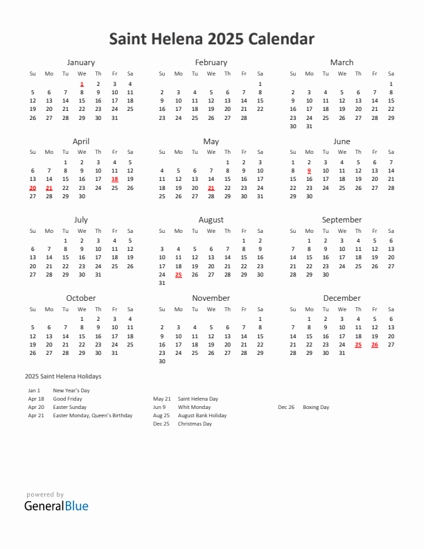 2025 Yearly Calendar Printable With Saint Helena Holidays