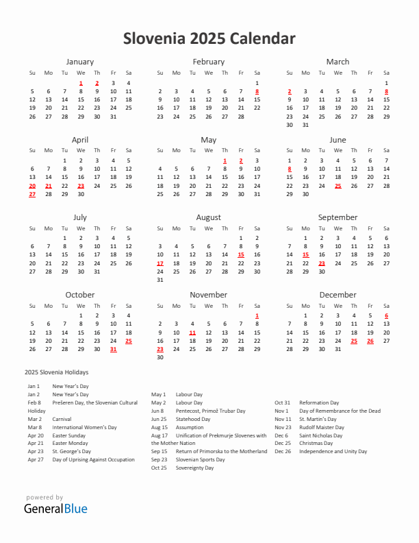 2025 Yearly Calendar Printable With Slovenia Holidays