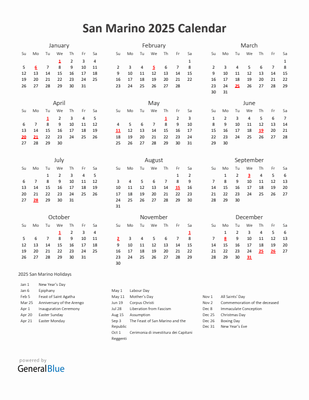 2025 Yearly Calendar Printable With San Marino Holidays