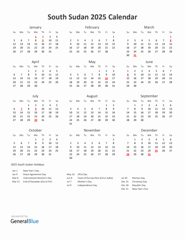 2025 Yearly Calendar Printable With South Sudan Holidays