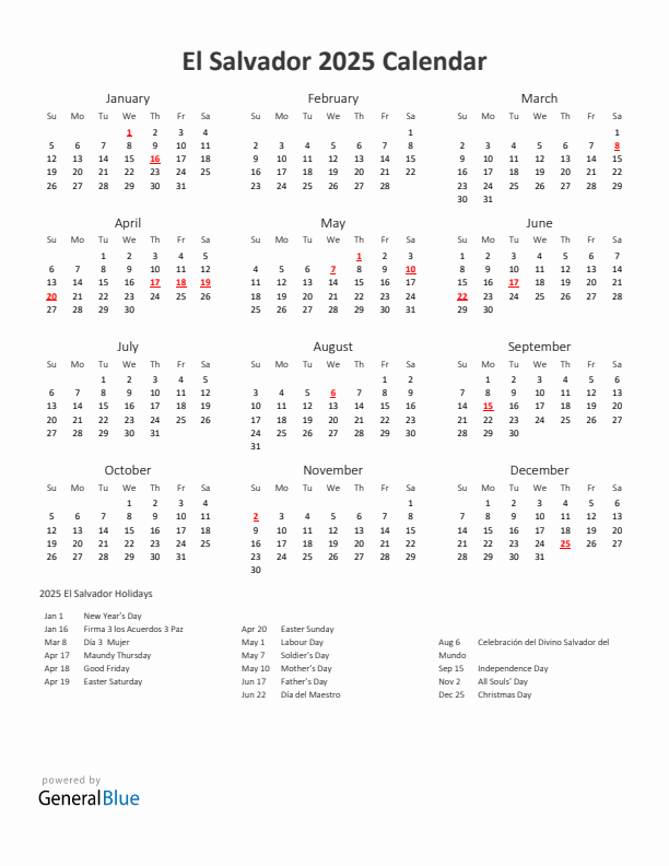 2025 Yearly Calendar Printable With El Salvador Holidays