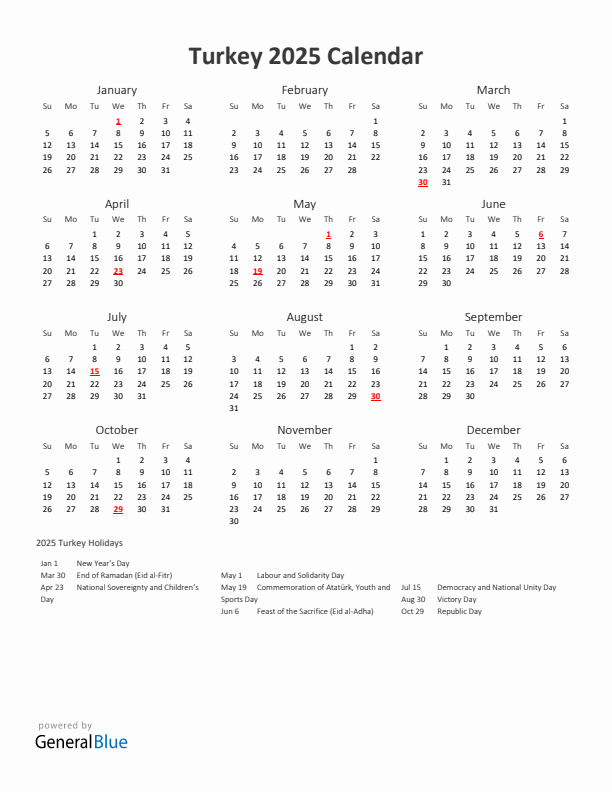 2025 Yearly Calendar Printable With Turkey Holidays