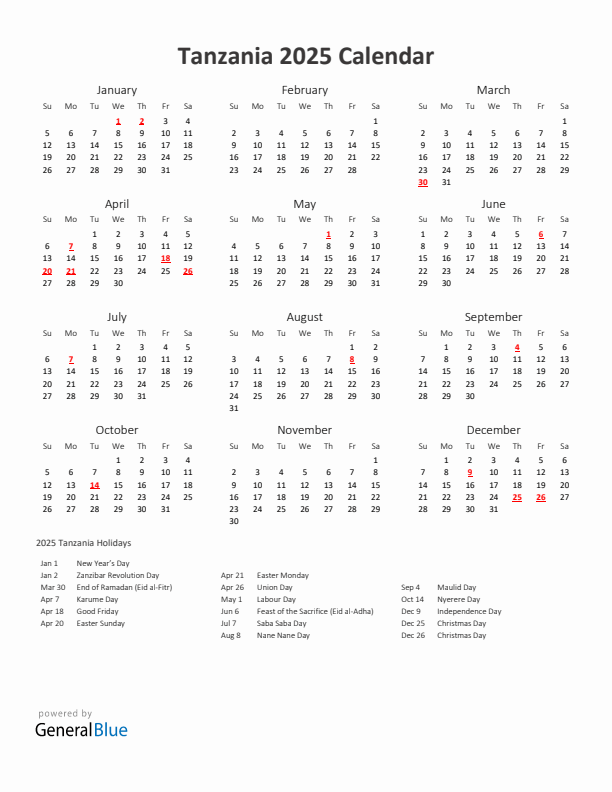 2025 Yearly Calendar Printable With Tanzania Holidays